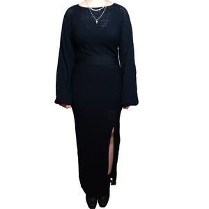 TJD The JetSet Diaries Knit Maxi Dress Long Sleeve Slit Waist Tie Cutout Detail